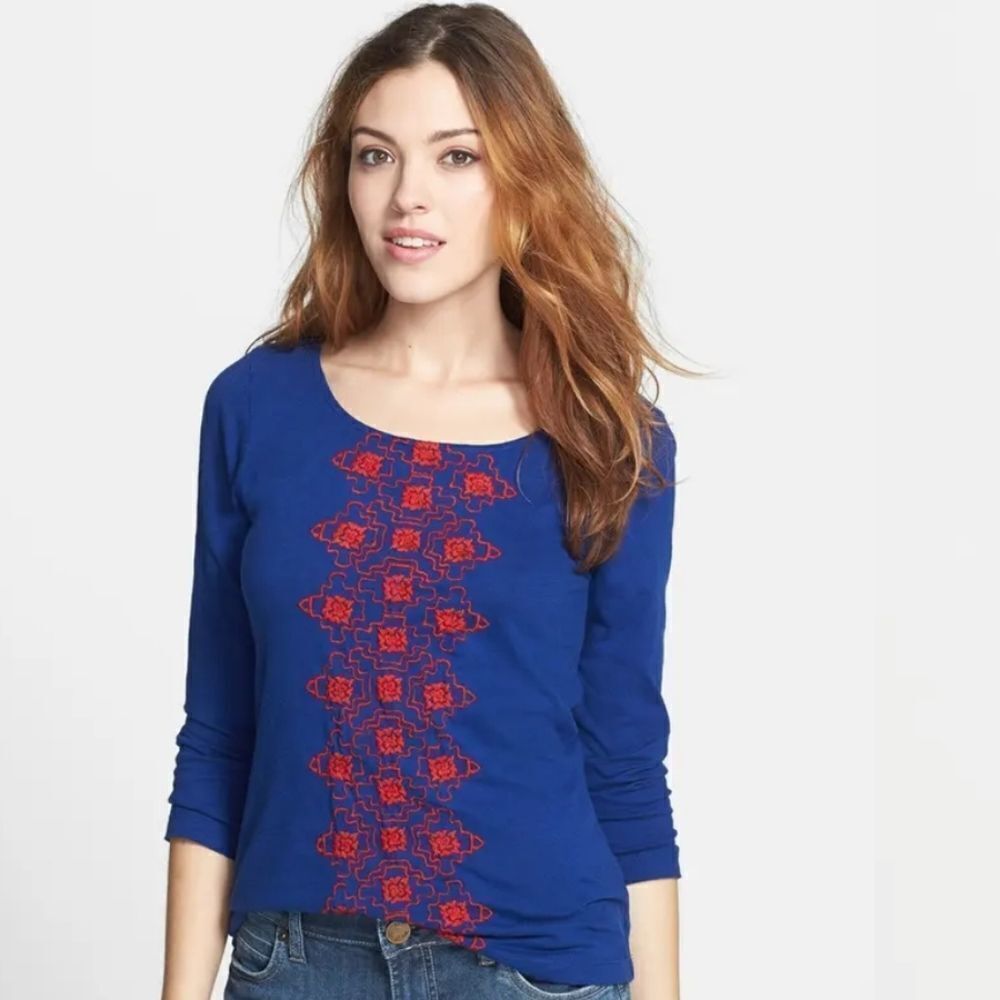 LUCKY BRAND shirt blue embroidered Phoenix cotton L‎